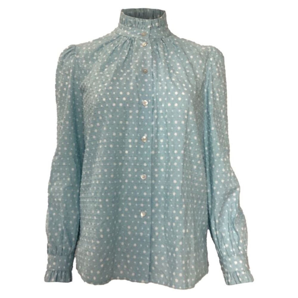 Marc Jacobs Polka Swiss Dot Ruffled Neck Blouse in Blue Cotton